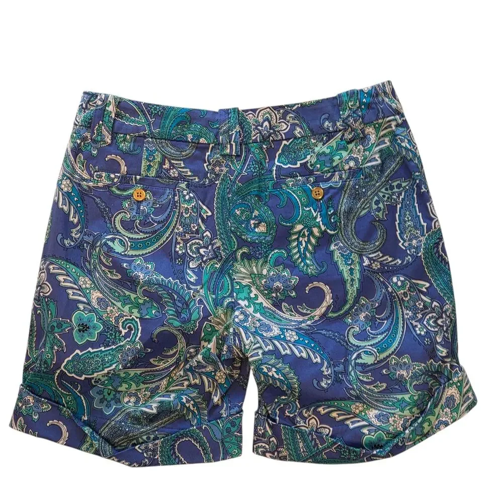 Lauren Ralph Lauren Shorts, Blue Green Paisley, Cuffed, Gold Buttons sz 4
